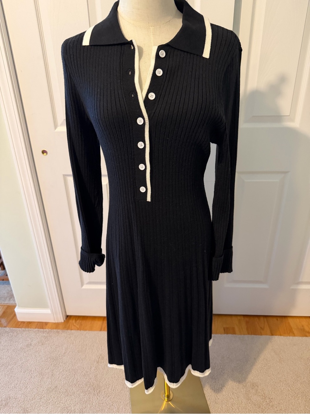 MEROKEETY Women’s XL Black Ribbed Knit Sweater Dress Ivory Trim Button Front
